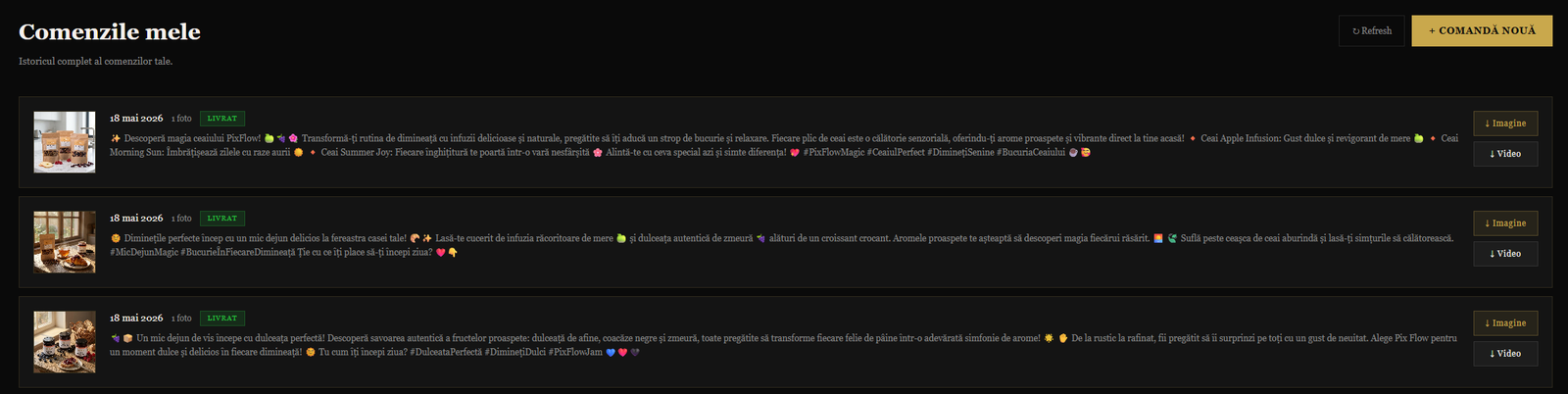 Secțiunea Comenzile mele din dashboard PixFlow — lista comenzilor livrate cu butoane de descărcare imagine și video