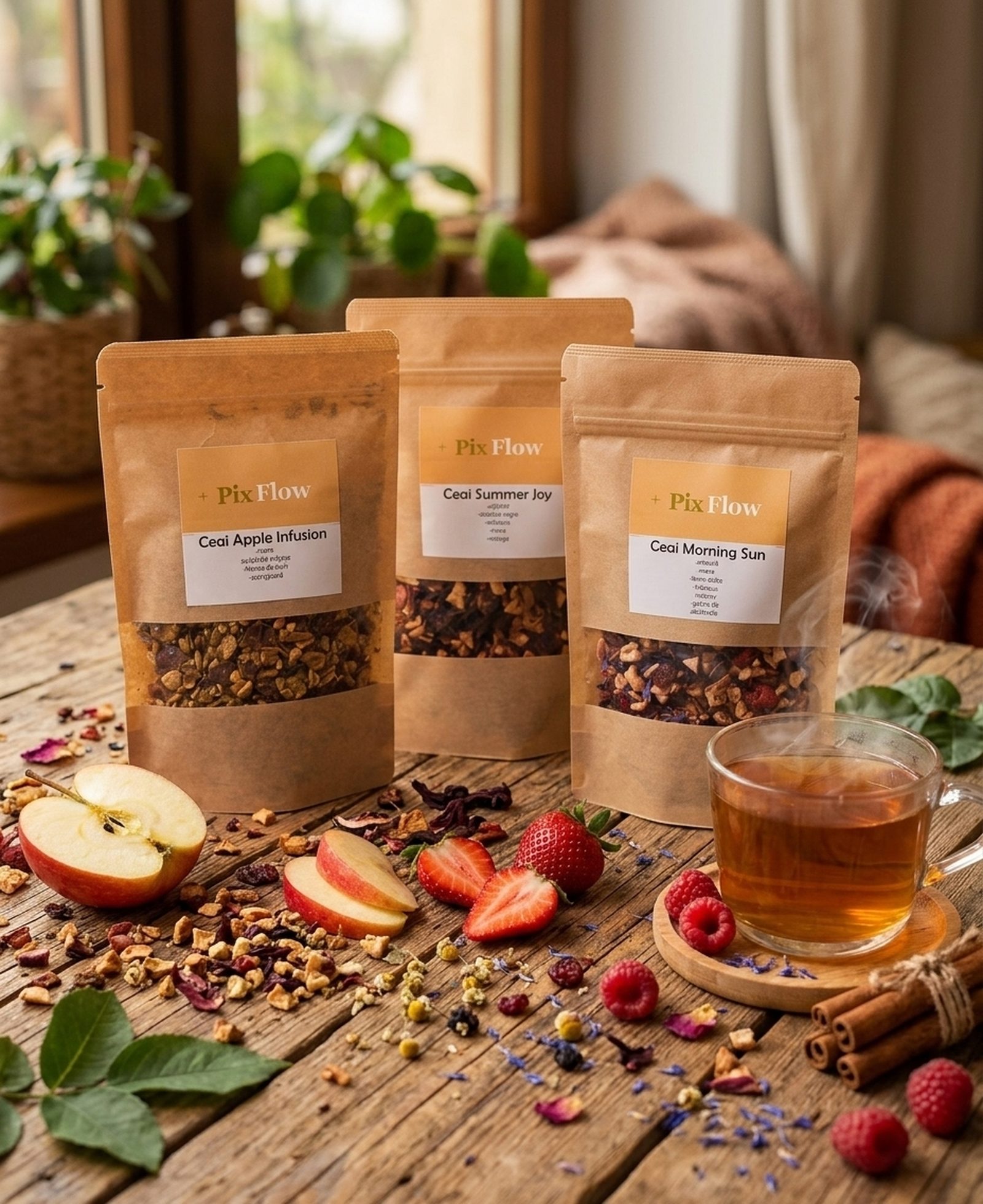 Fotografii de ceai generate de AI fără descriere de scenă — masă rustică cu fructe, ingrediente naturale și ceașcă de ceai